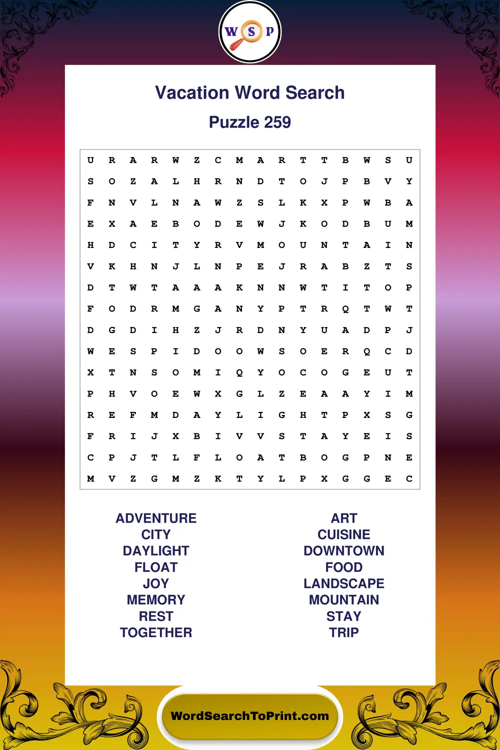 Vacation Word Search Puzzle 259