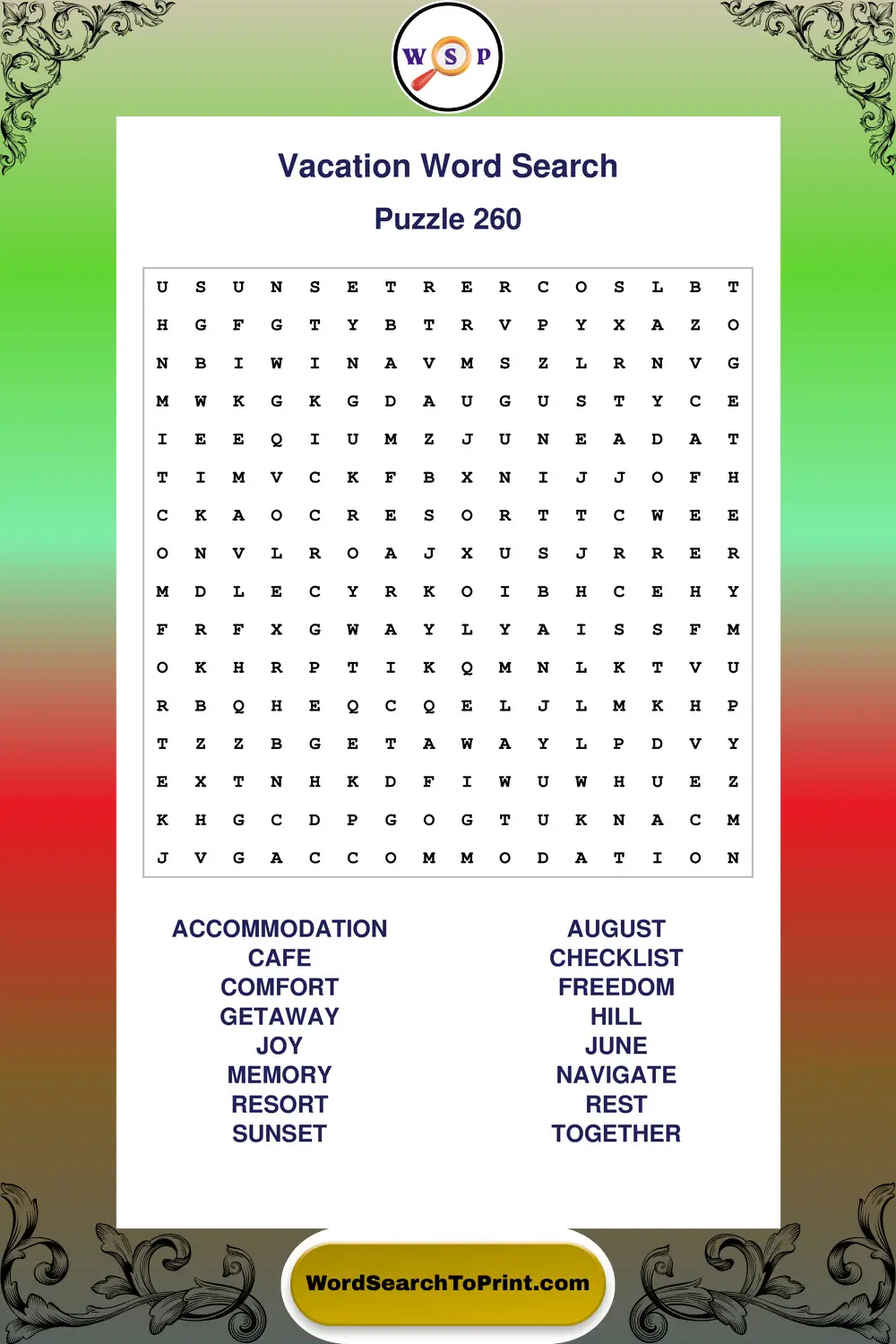 Vacation Word Search Puzzle 260