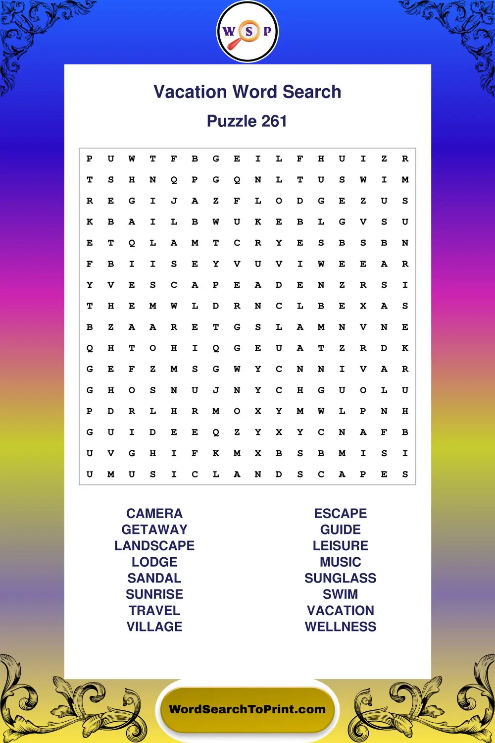 Vacation Word Search Puzzle 261
