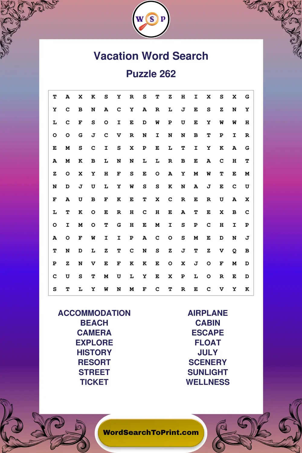 Vacation Word Search Puzzle 262