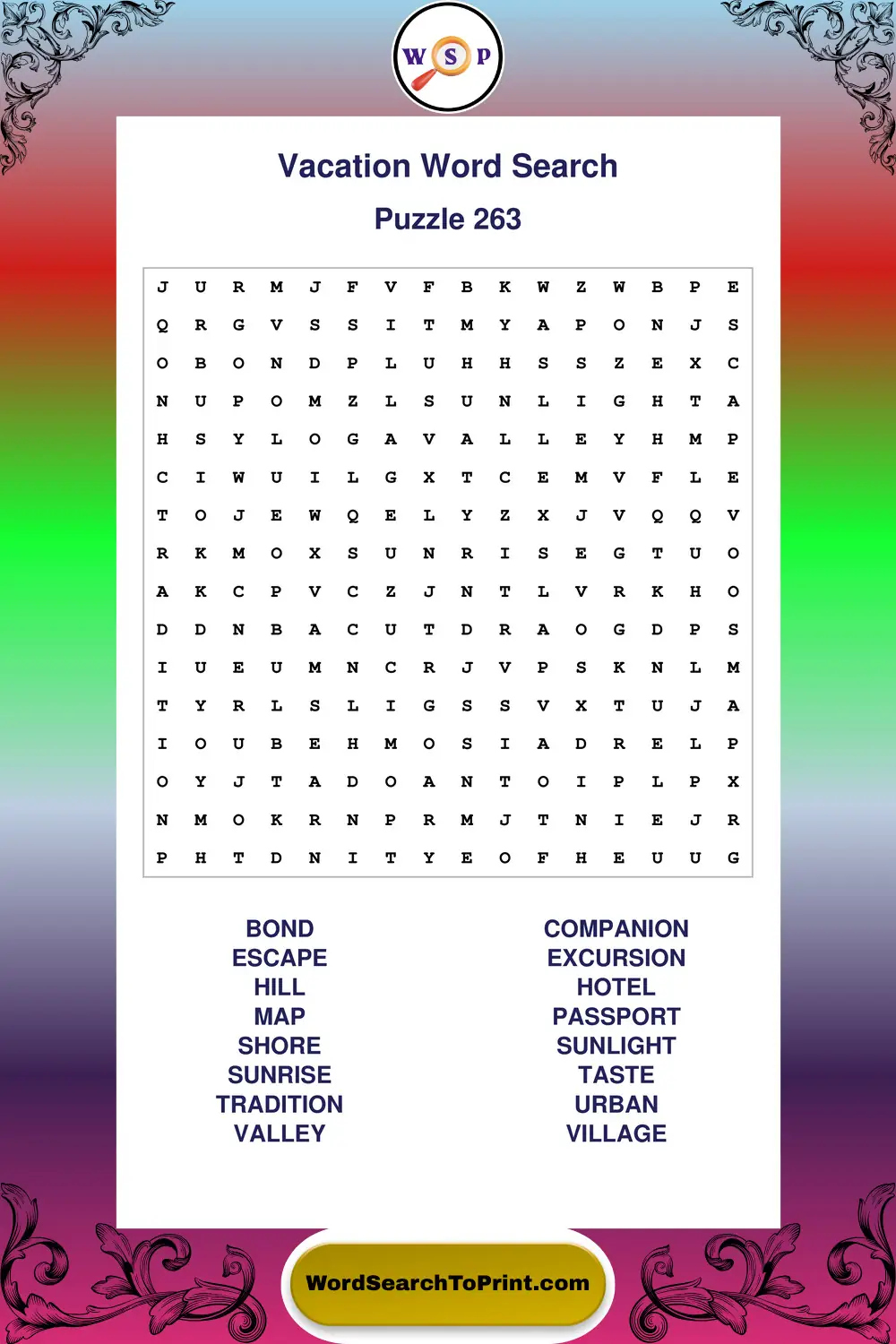 Vacation Word Search Puzzle 263