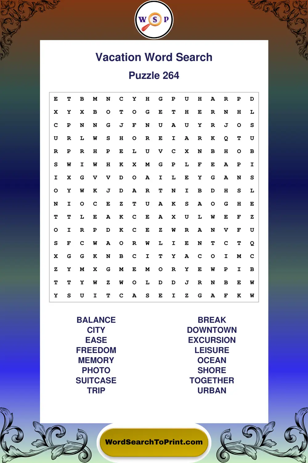 Vacation Word Search Puzzle 264