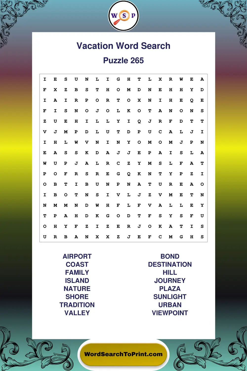 Vacation Word Search Puzzle 265