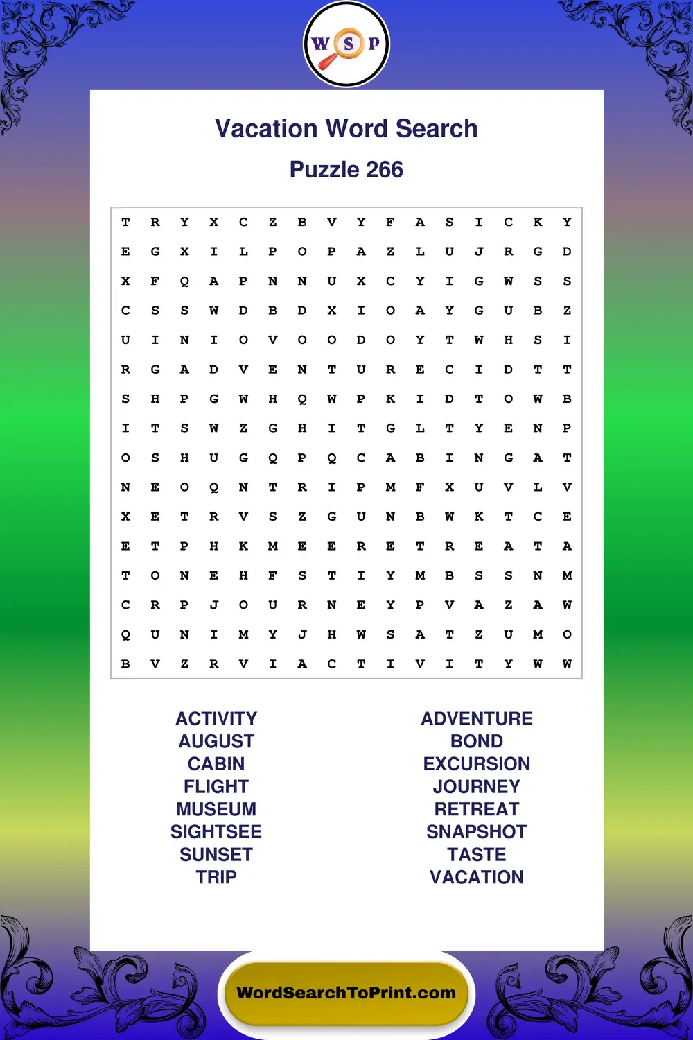 Vacation Word Search Puzzle 266