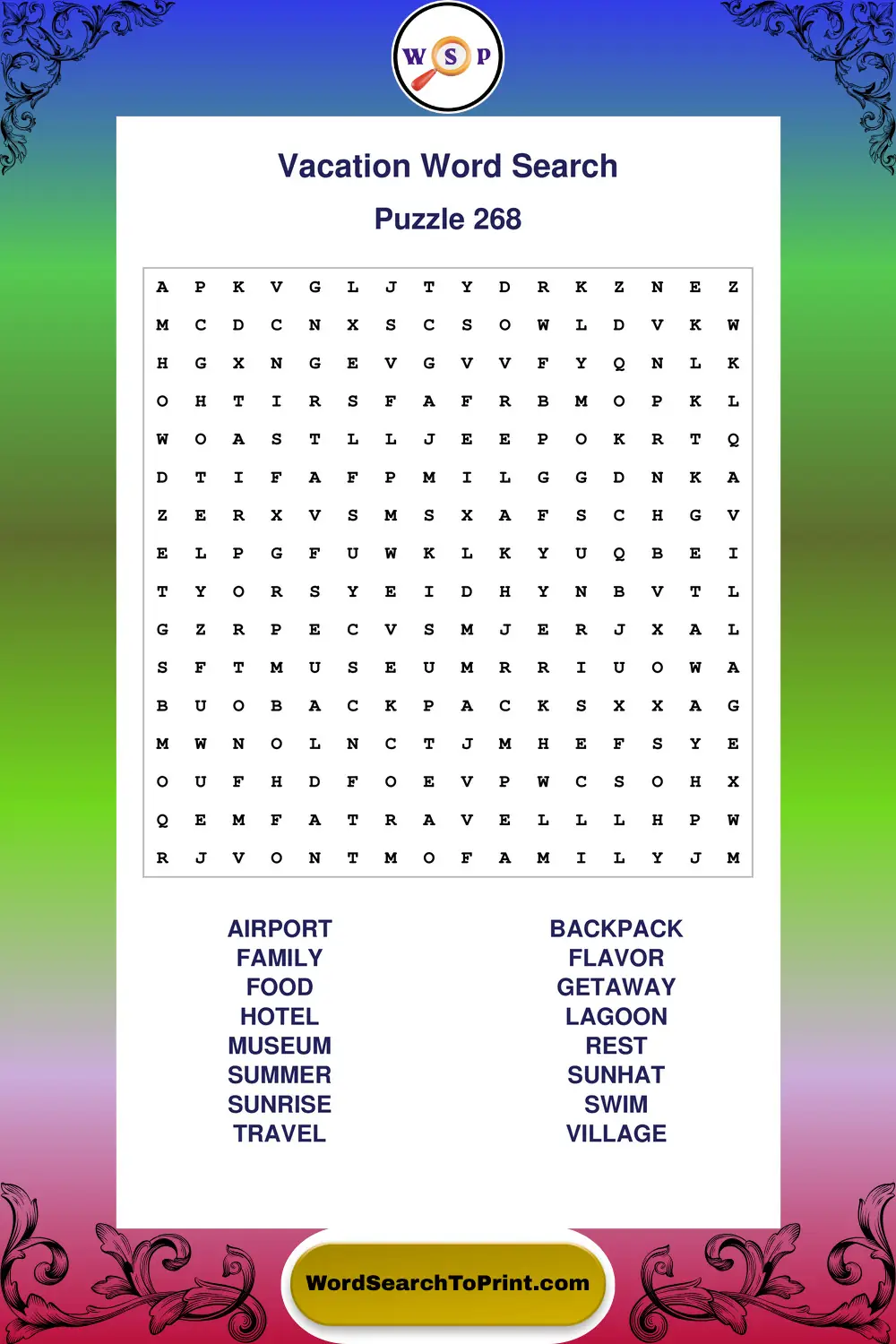 Vacation Word Search Puzzle 268