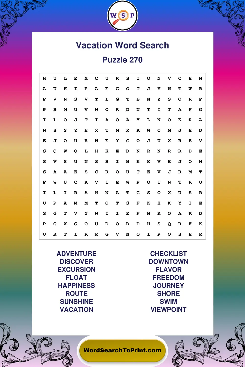 Vacation Word Search Puzzle 270