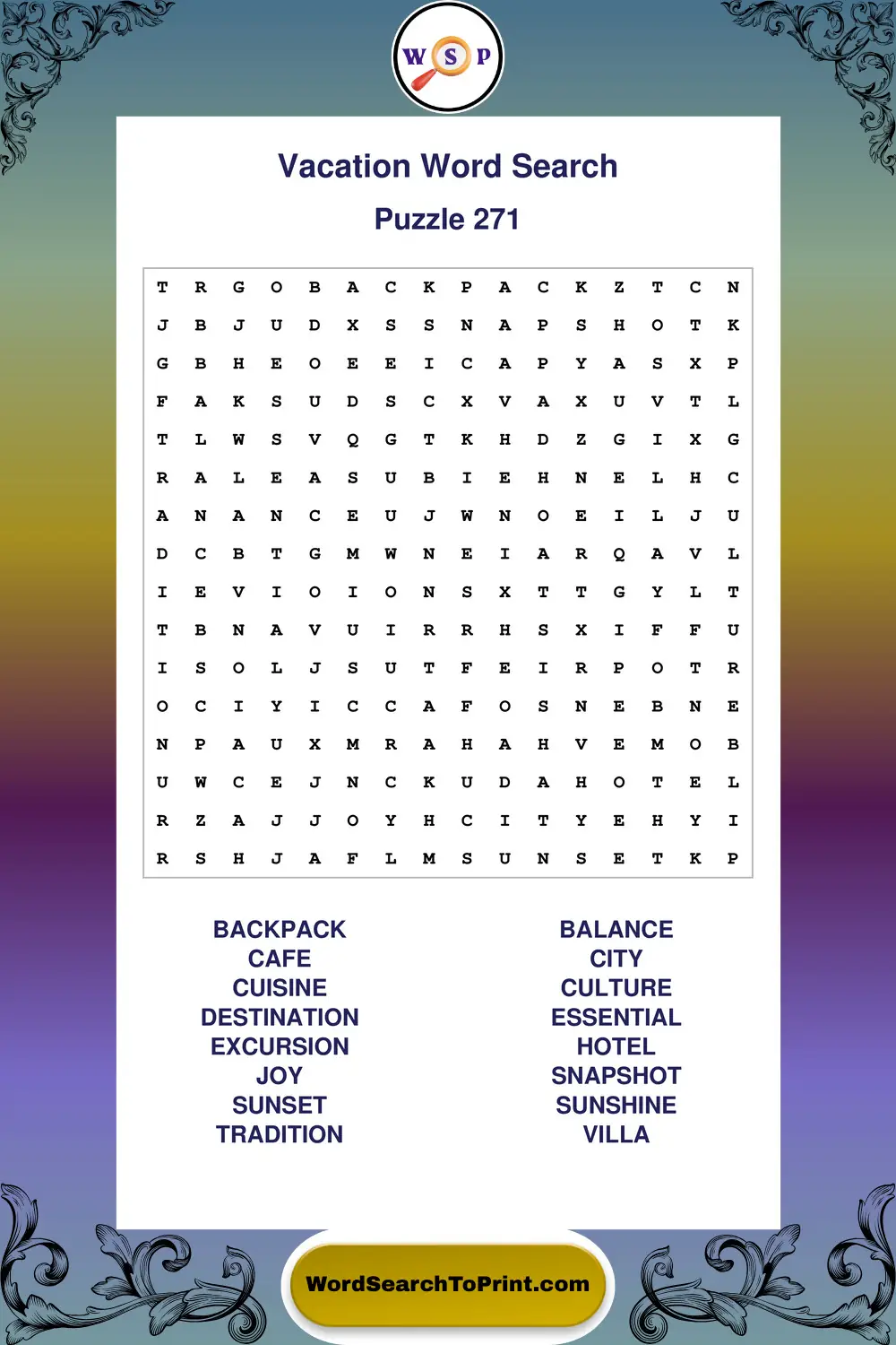 Vacation Word Search Puzzle 271