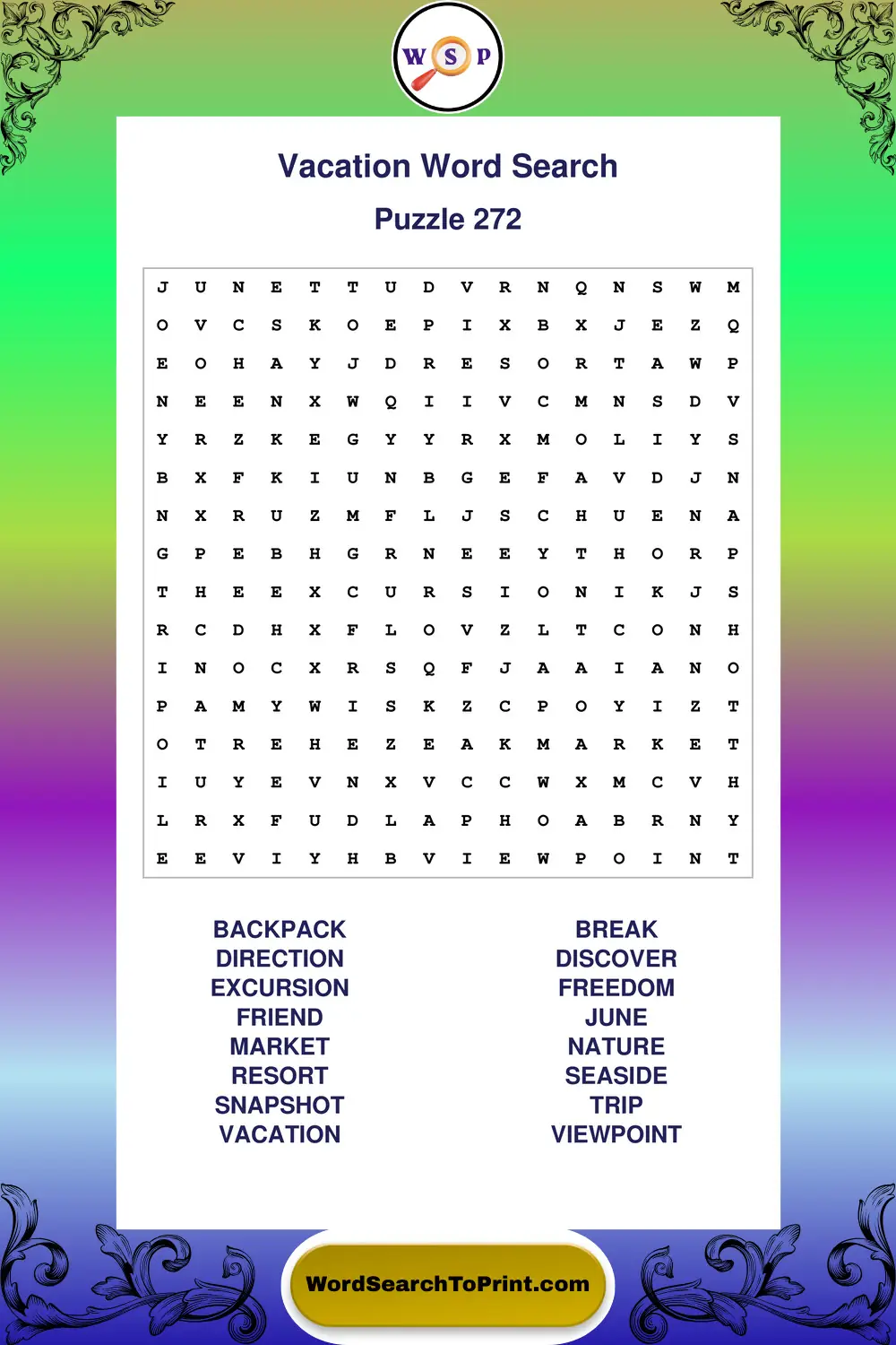 Vacation Word Search Puzzle 272