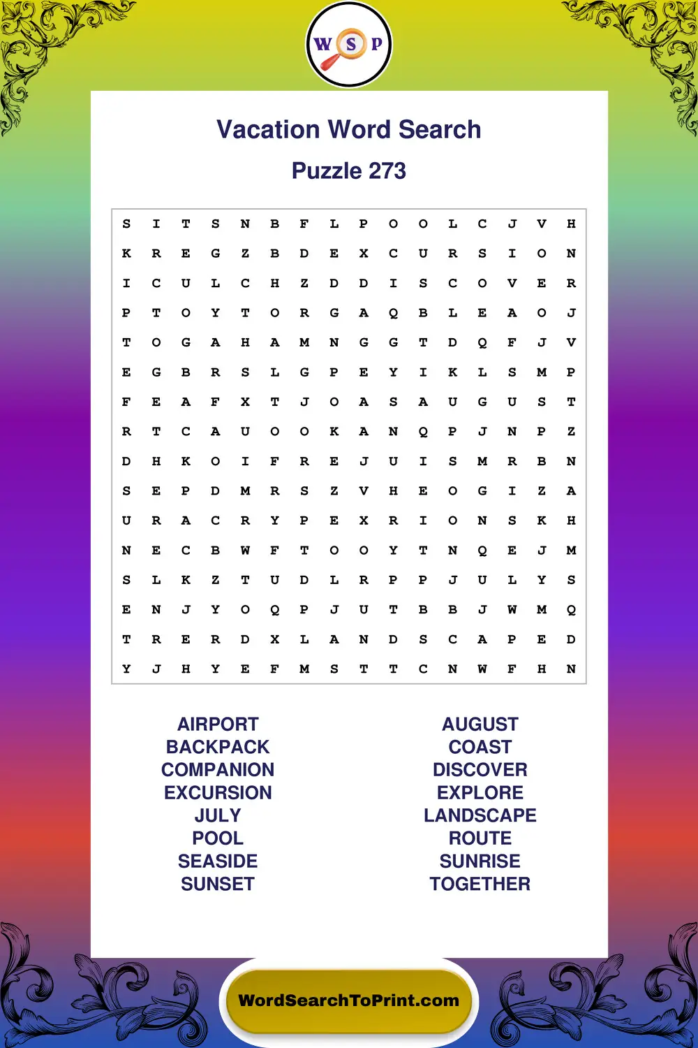 Vacation Word Search Puzzle 273