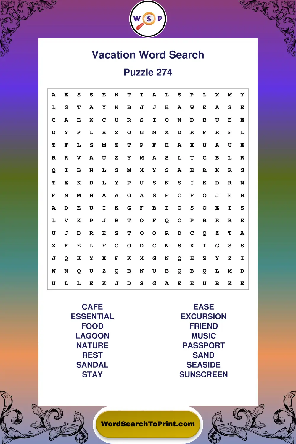 Vacation Word Search Puzzle 274