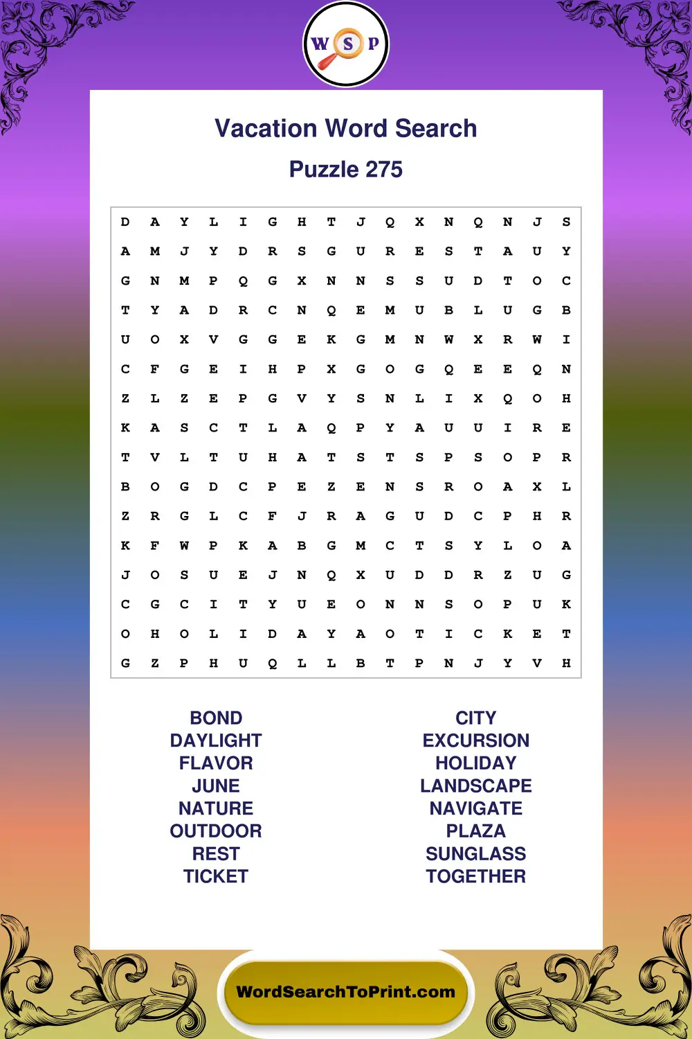 Vacation Word Search Puzzle 275