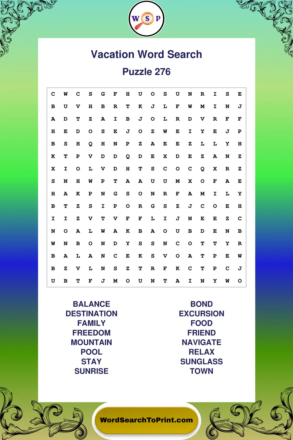 Vacation Word Search Puzzle 276