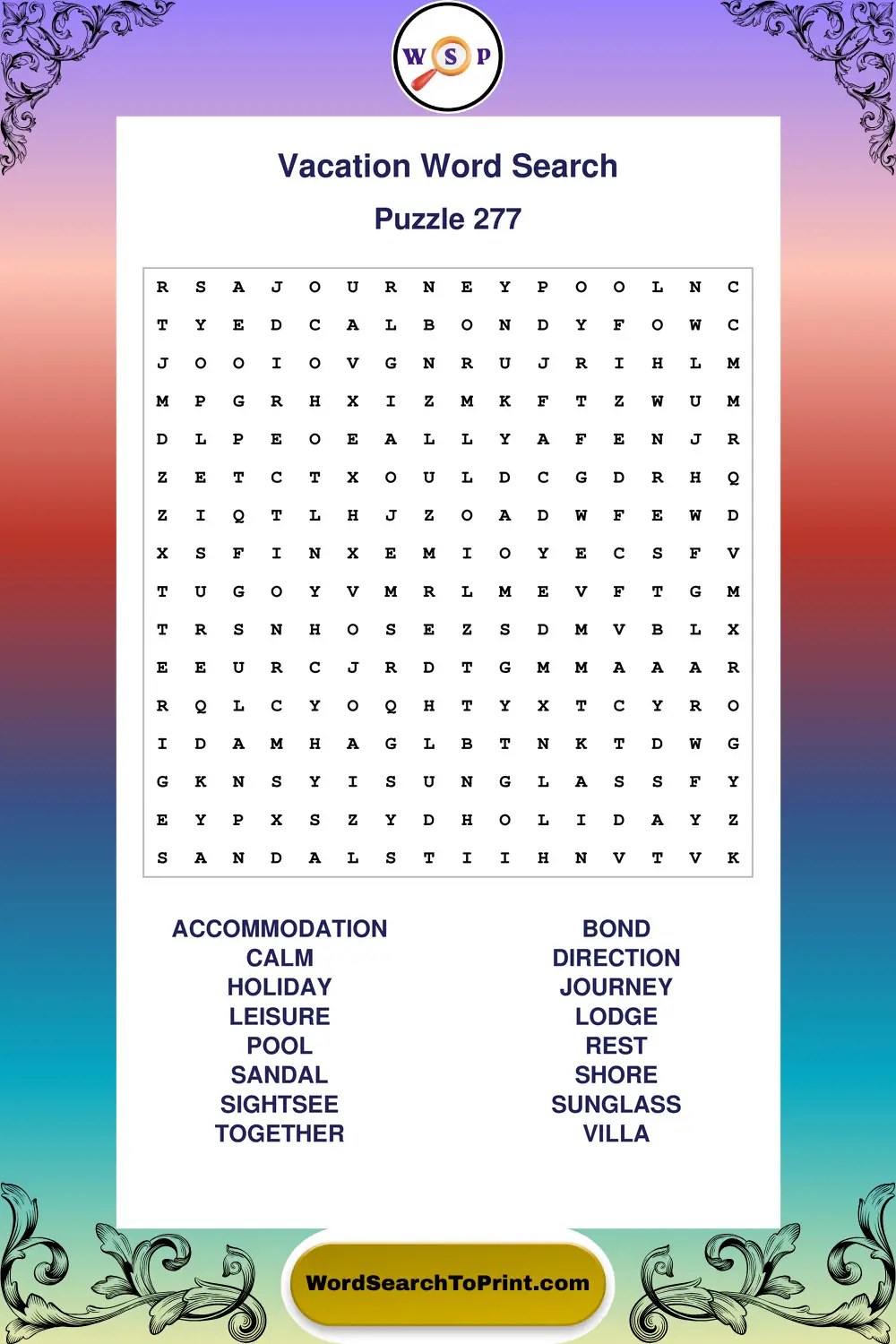 Vacation Word Search Puzzle 277