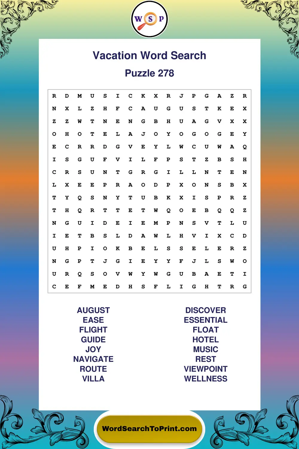 Vacation Word Search Puzzle 278