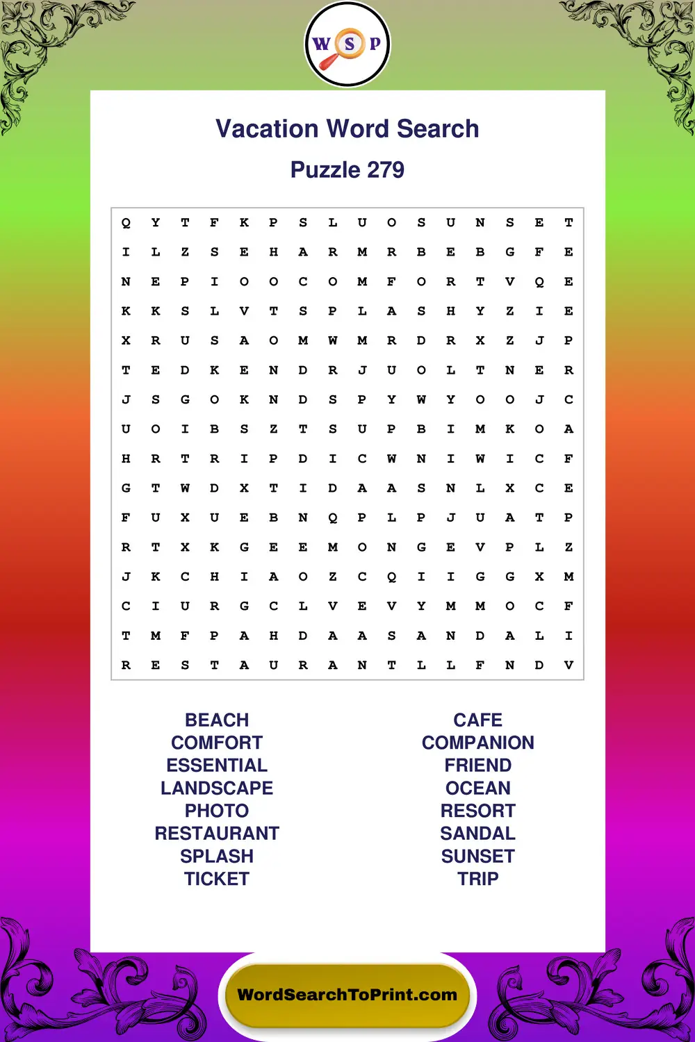 Vacation Word Search Puzzle 279