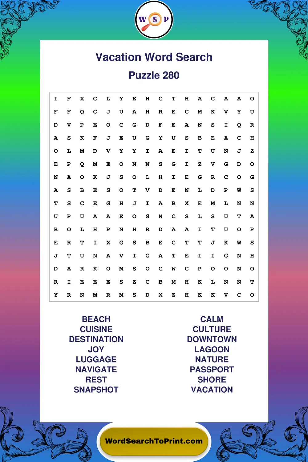 Vacation Word Search Puzzle 280