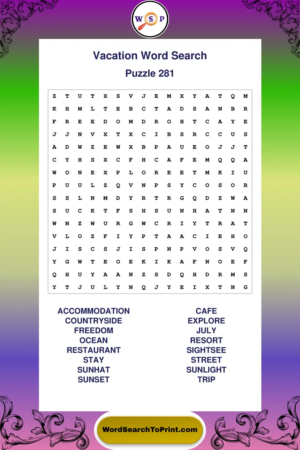 Vacation Word Search Puzzle 281