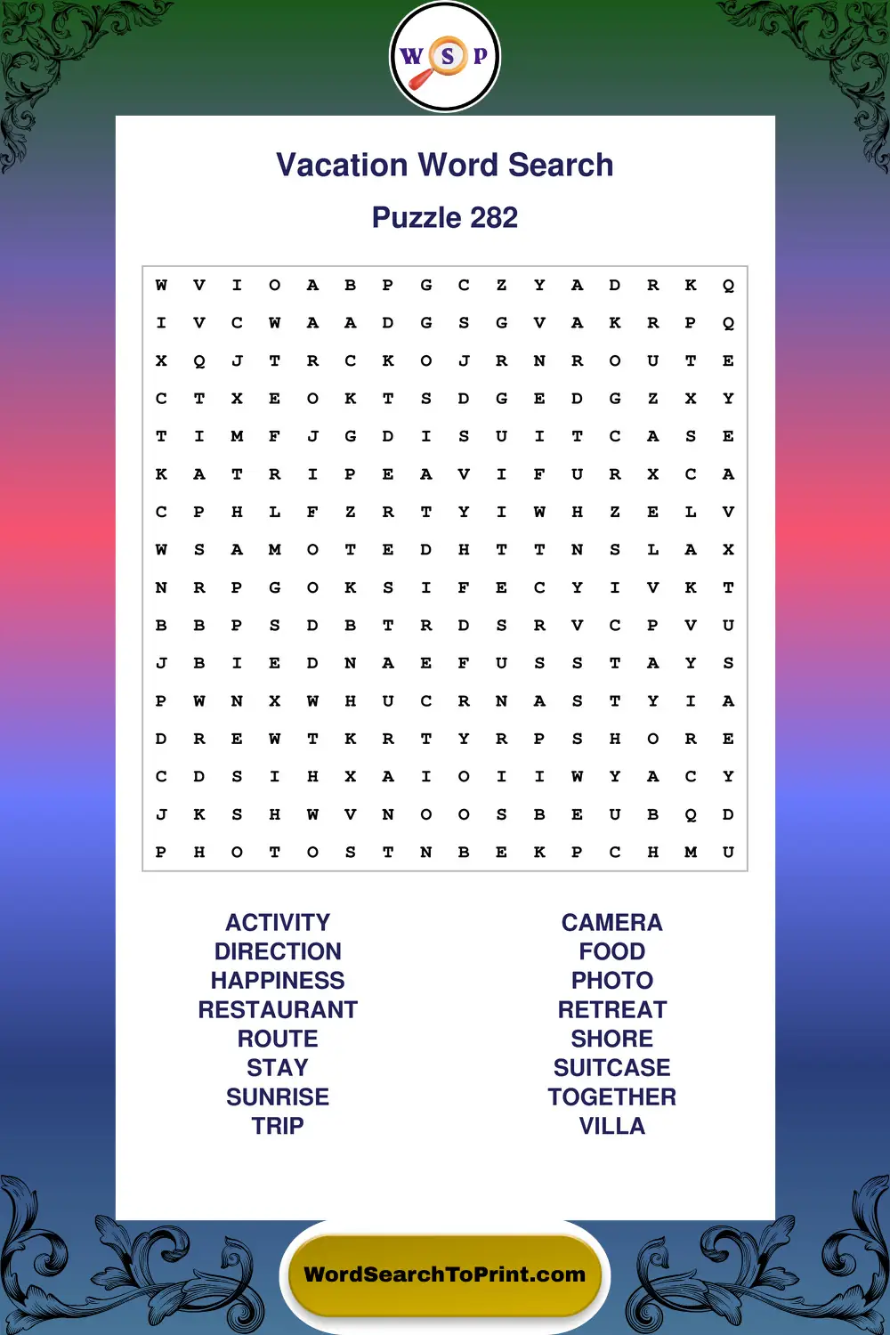 Vacation Word Search Puzzle 282