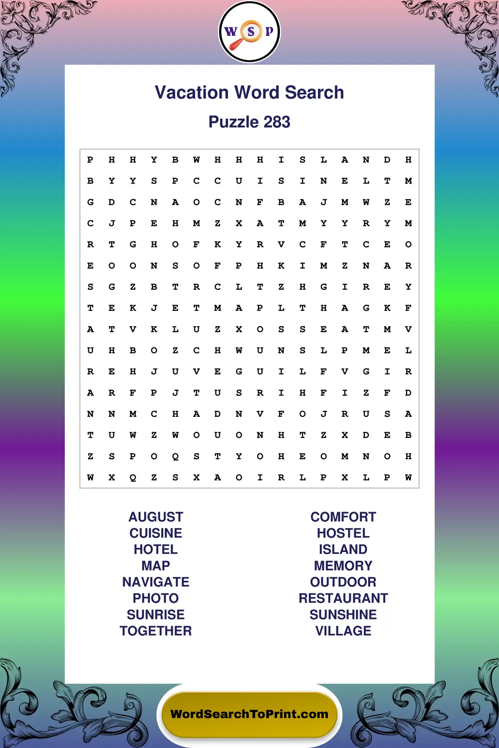 Vacation Word Search Puzzle 283