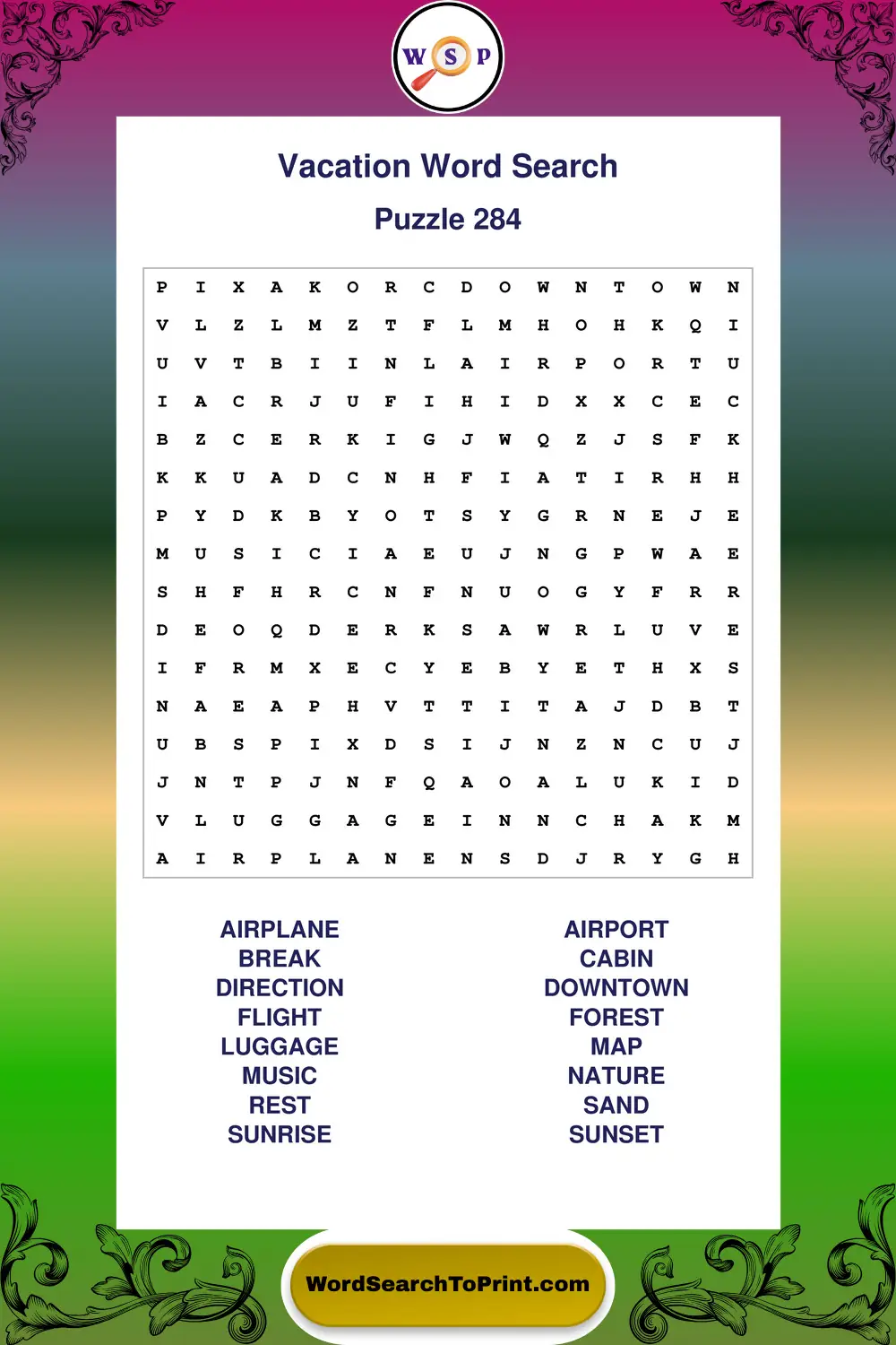 Vacation Word Search Puzzle 284