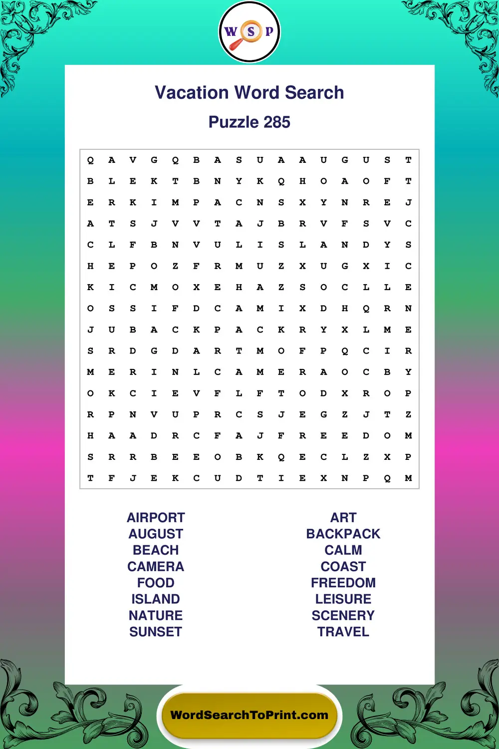 Vacation Word Search Puzzle 285