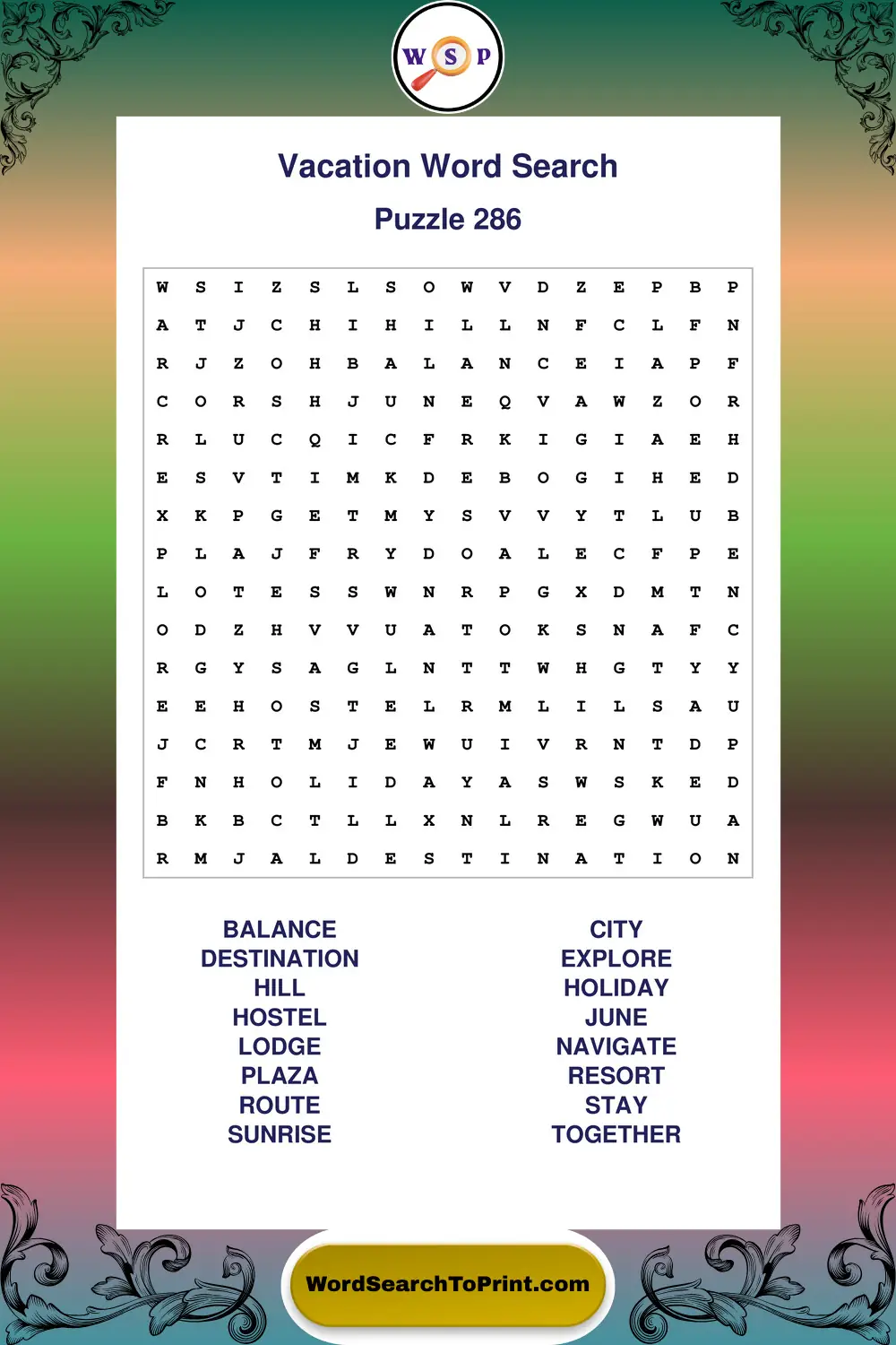 Vacation Word Search Puzzle 286