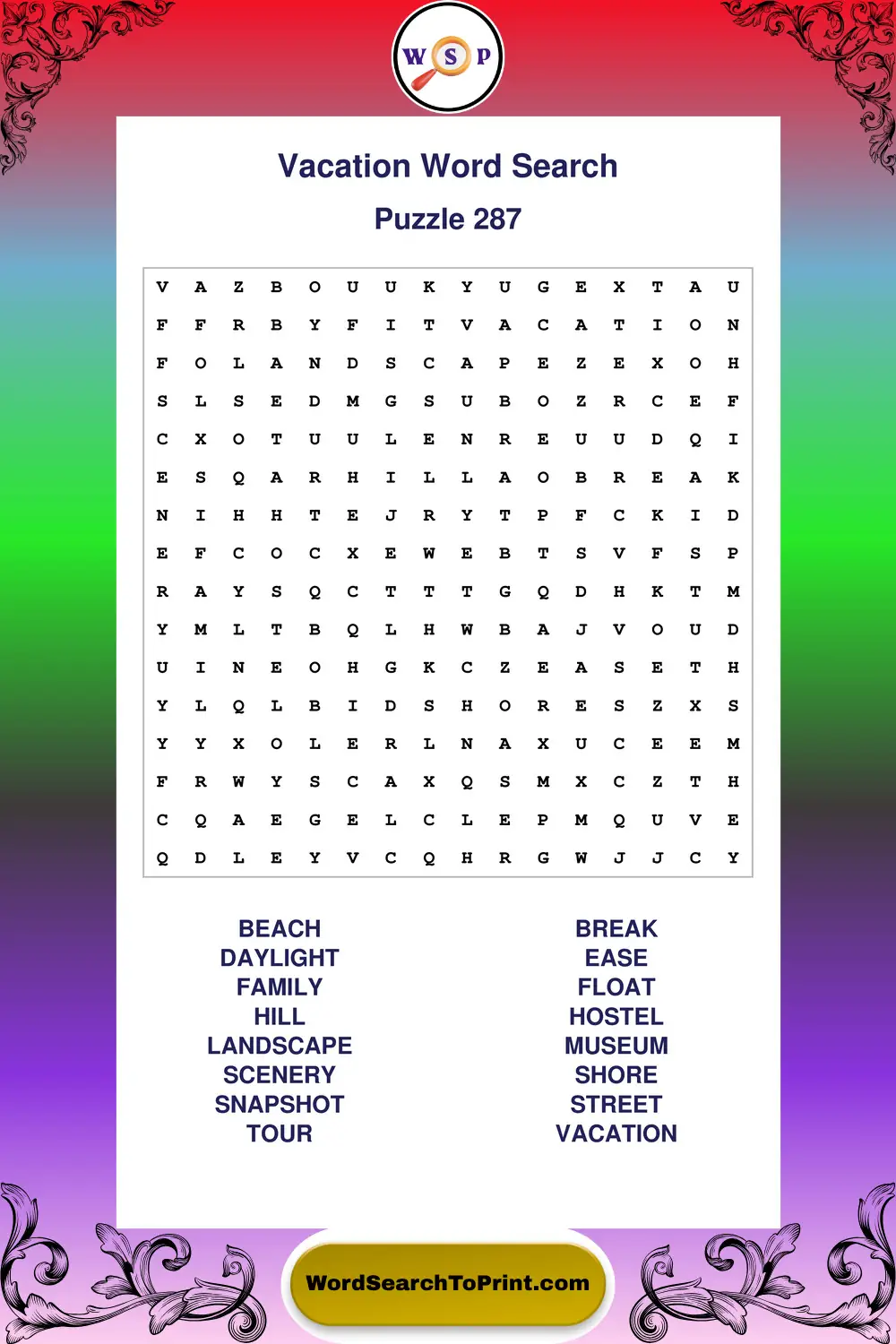 Vacation Word Search Puzzle 287