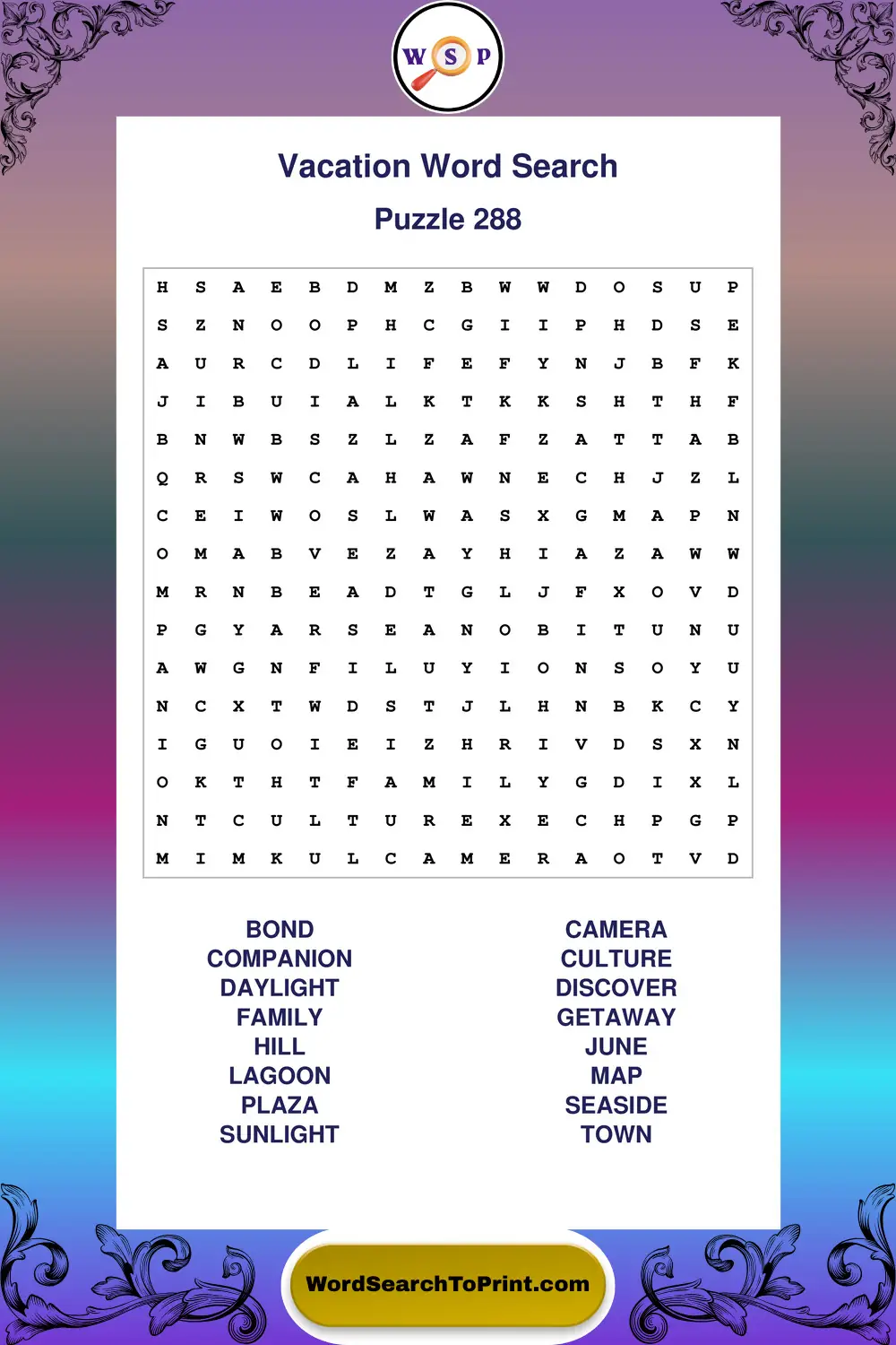 Vacation Word Search Puzzle 288