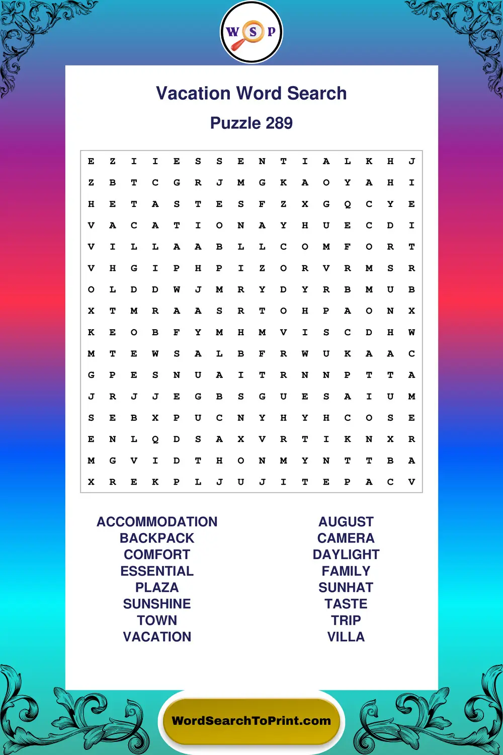 Vacation Word Search Puzzle 289