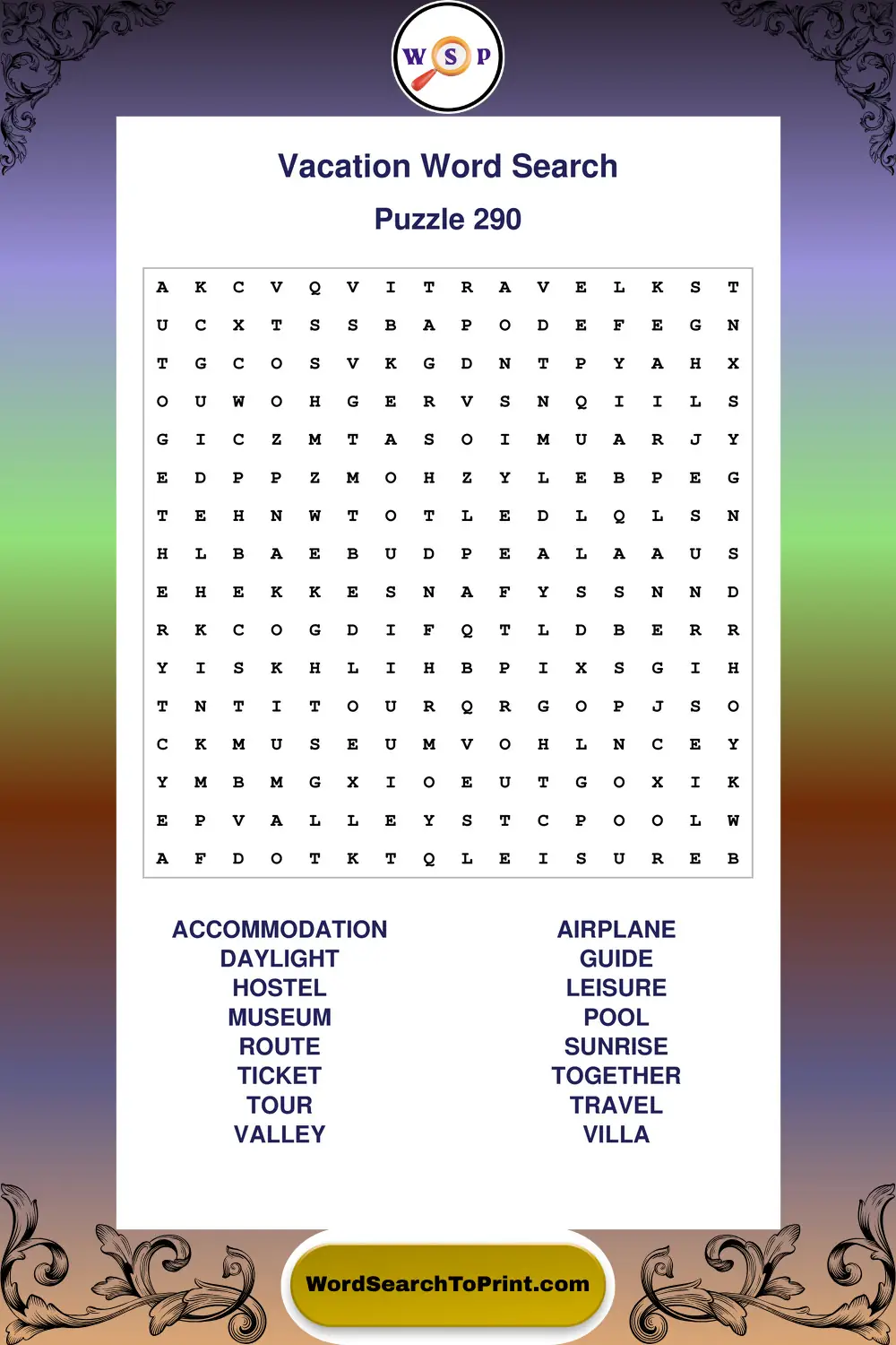 Vacation Word Search Puzzle 290