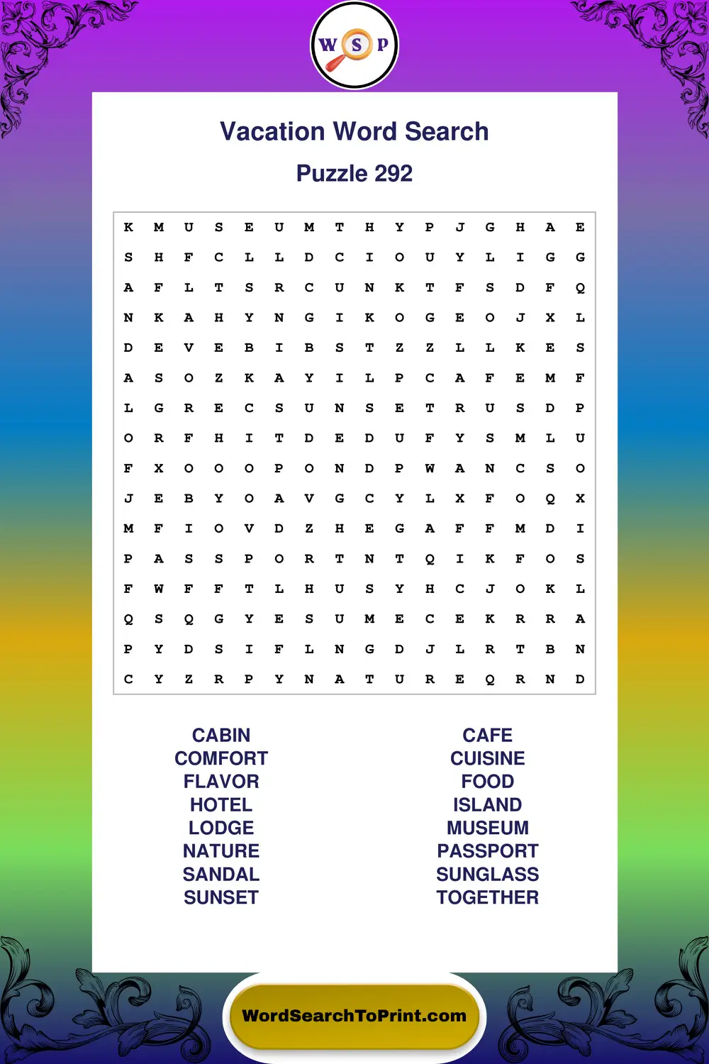 Vacation Word Search Puzzle 292