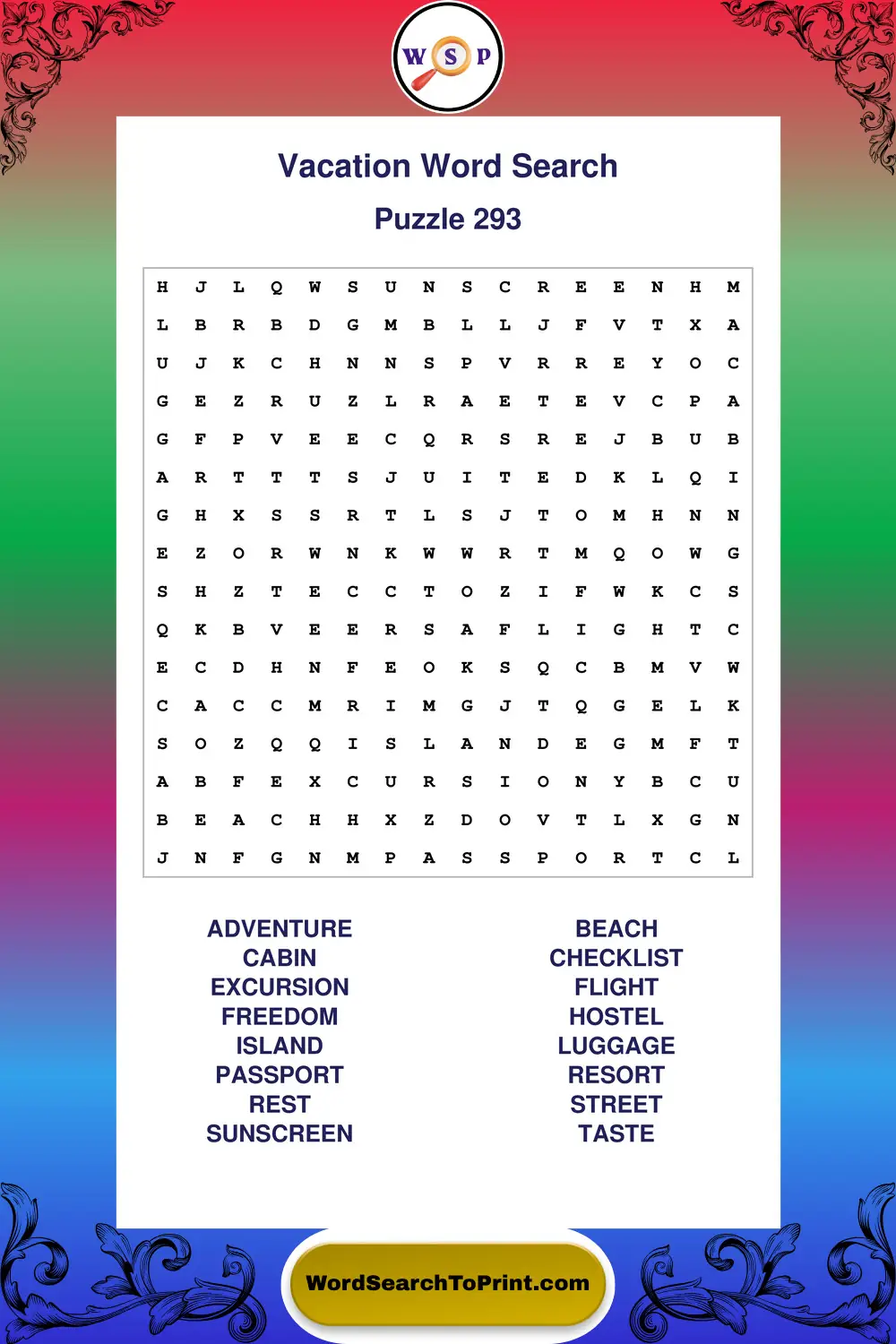 Vacation Word Search Puzzle 293
