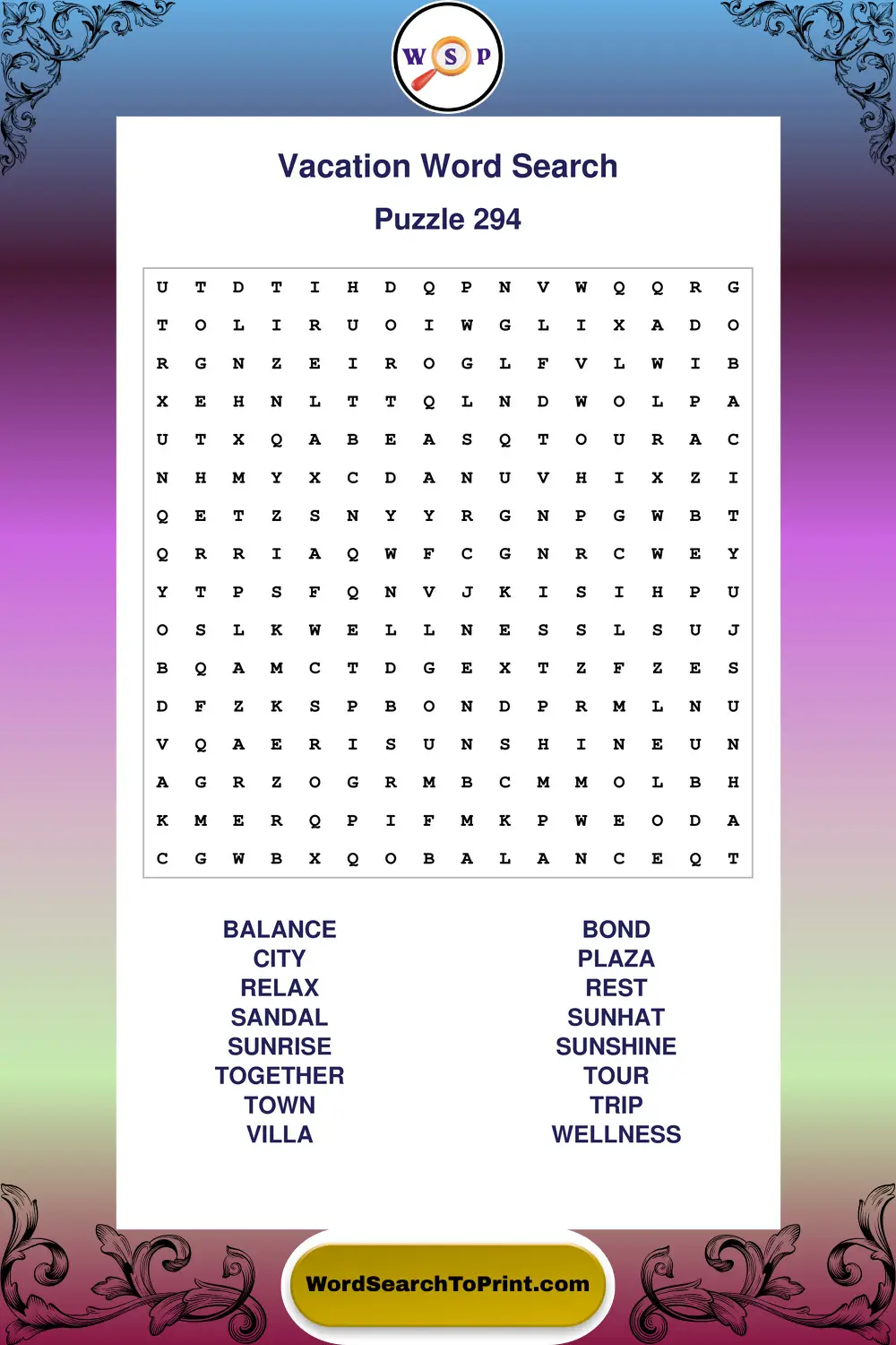 Vacation Word Search Puzzle 294