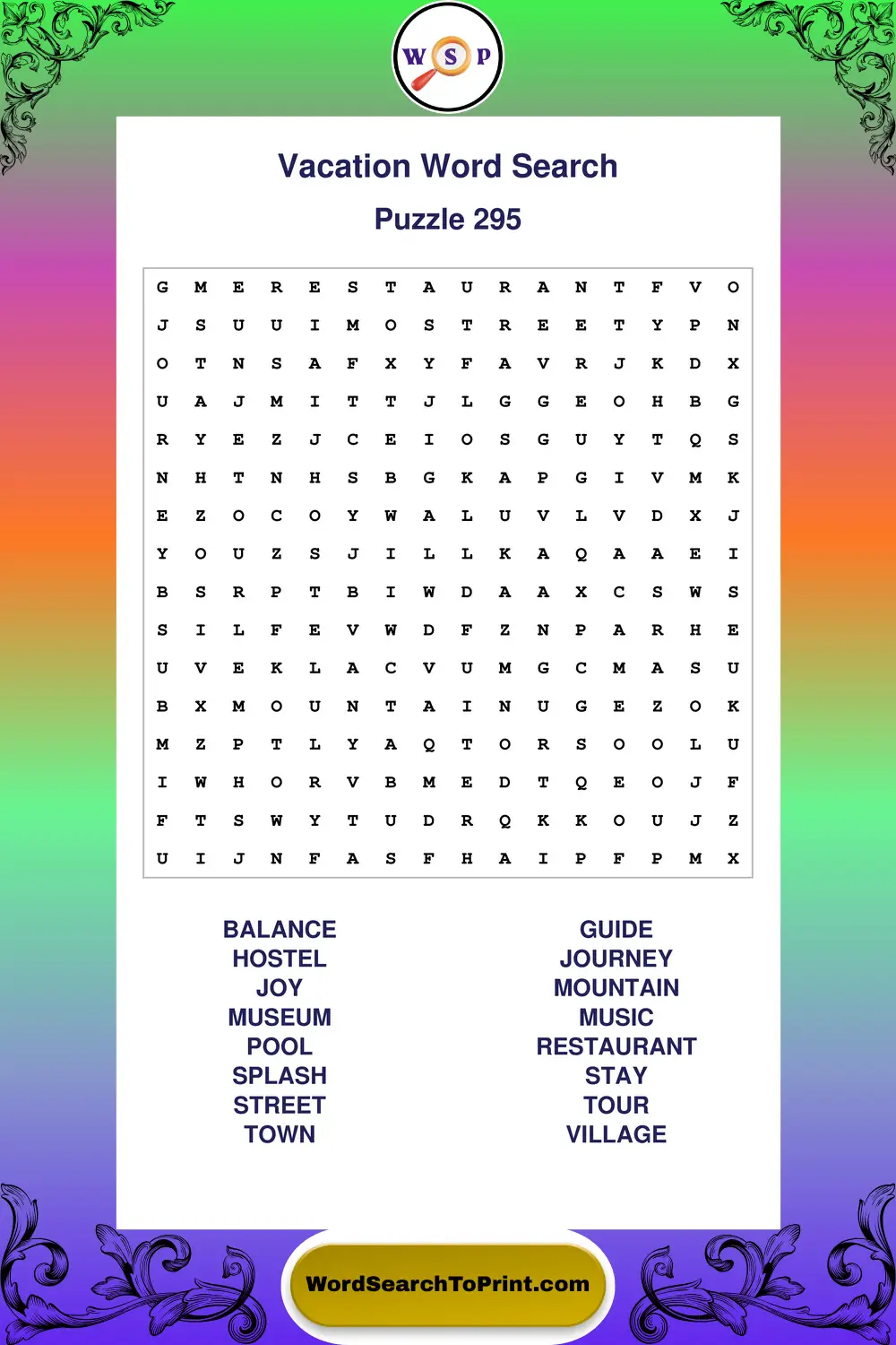 Vacation Word Search Puzzle 295
