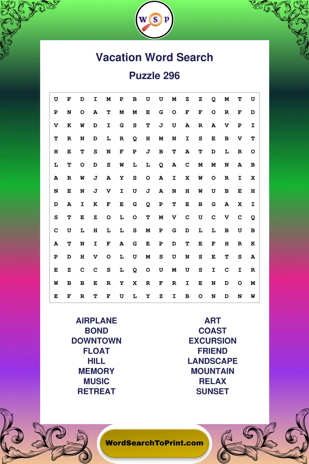Vacation Word Search Puzzle 296