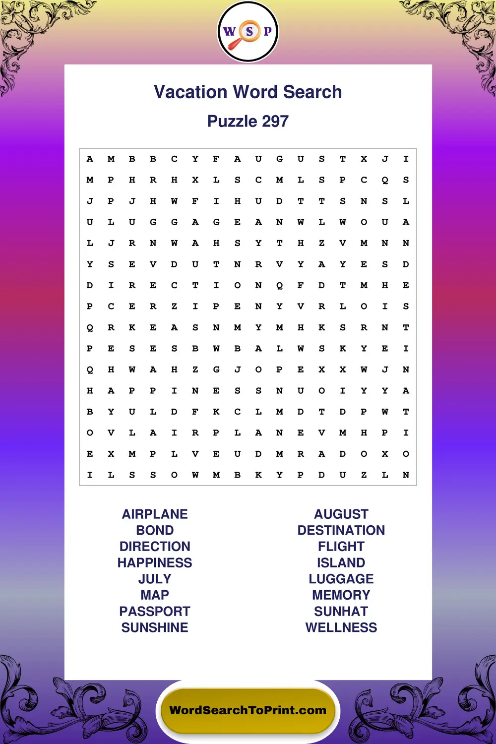 Vacation Word Search Puzzle 297
