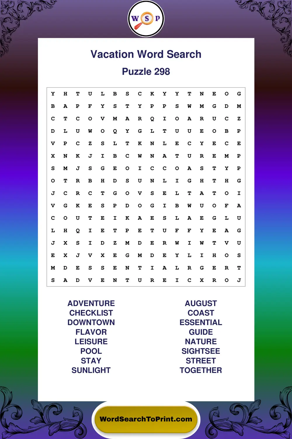 Vacation Word Search Puzzle 298