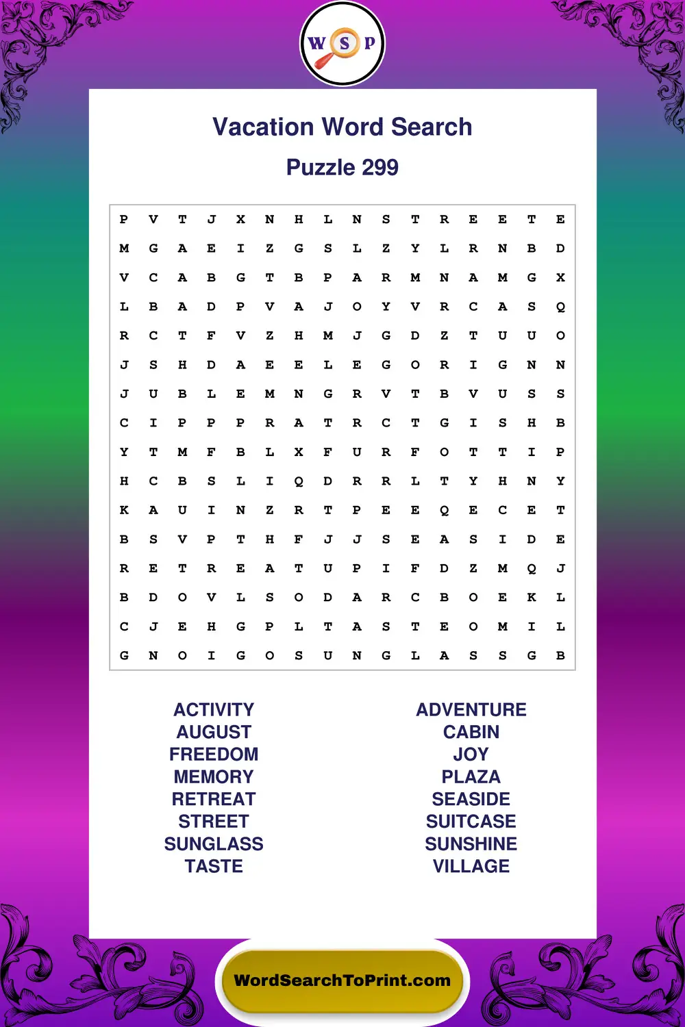 Vacation Word Search Puzzle 299