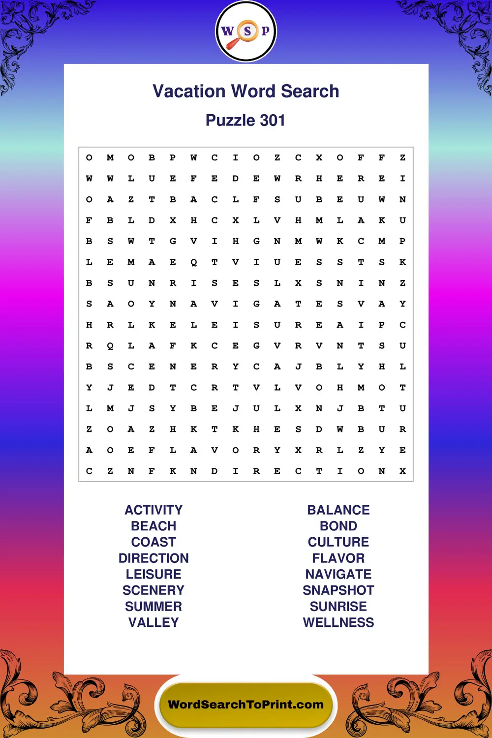 Vacation Word Search Puzzle 301