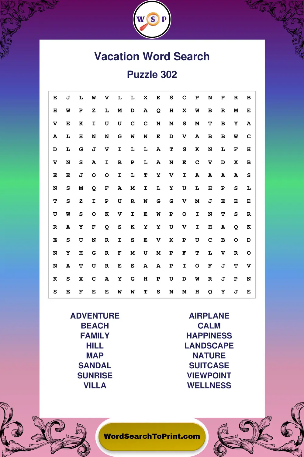 Vacation Word Search Puzzle 302