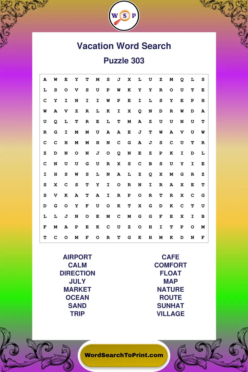 Vacation Word Search Puzzle 303