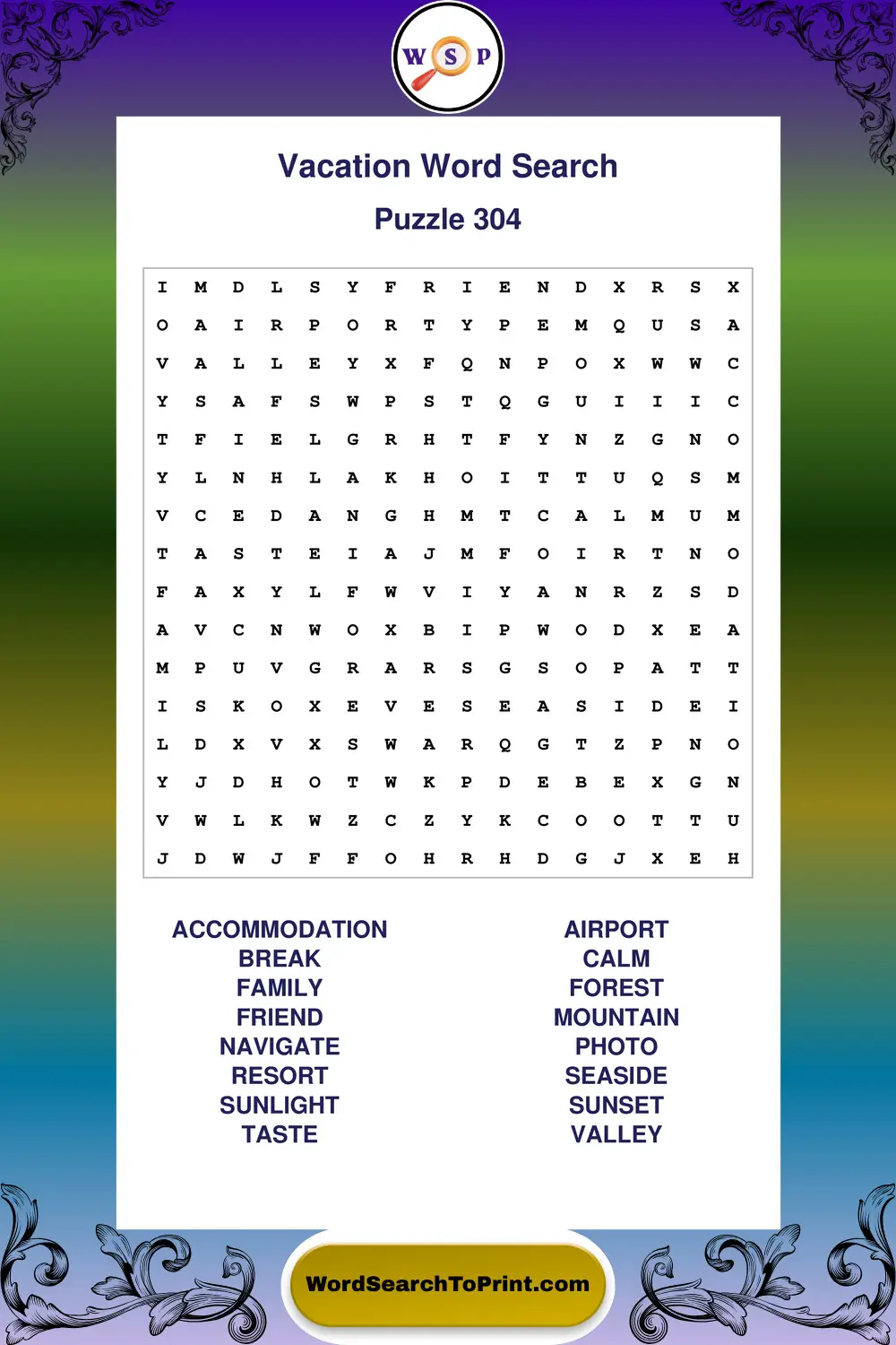 Vacation Word Search Puzzle 304