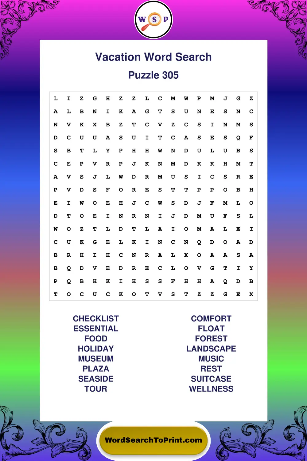 Vacation Word Search Puzzle 305