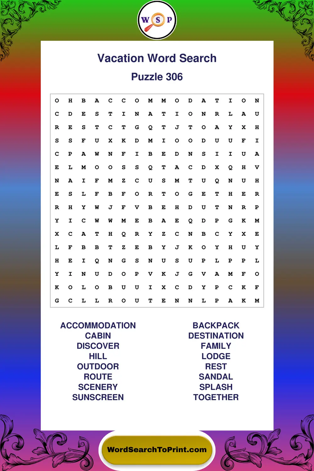 Vacation Word Search Puzzle 306
