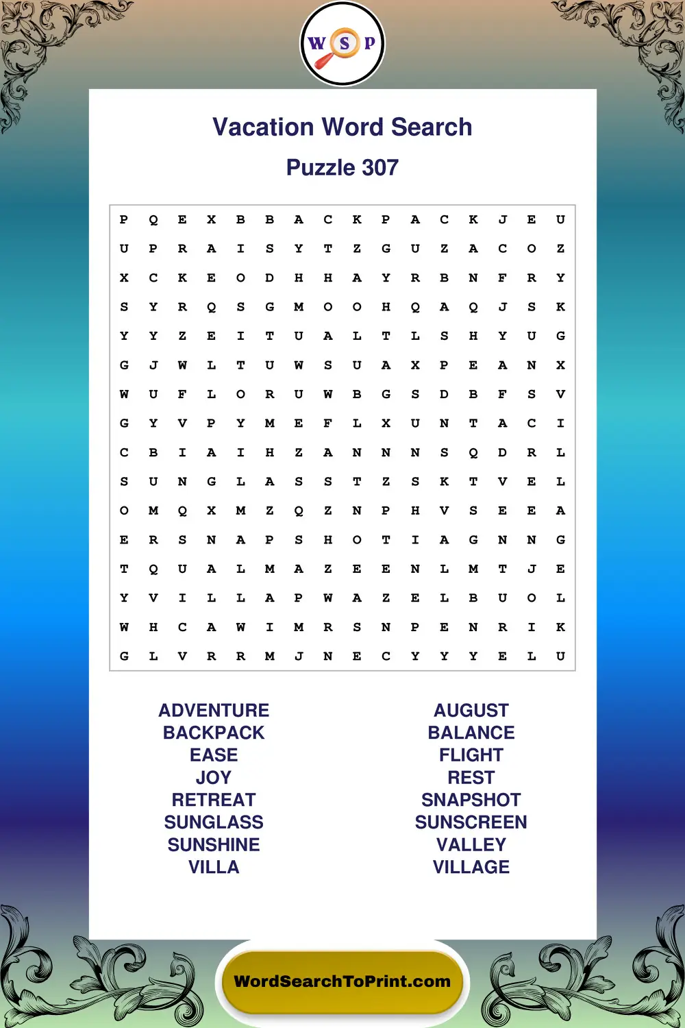 Vacation Word Search Puzzle 307