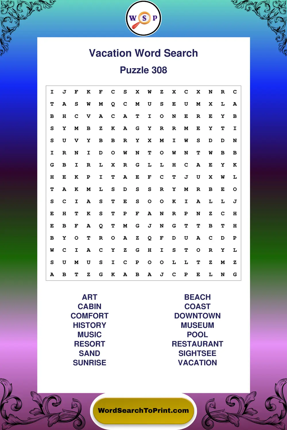 Vacation Word Search Puzzle 308