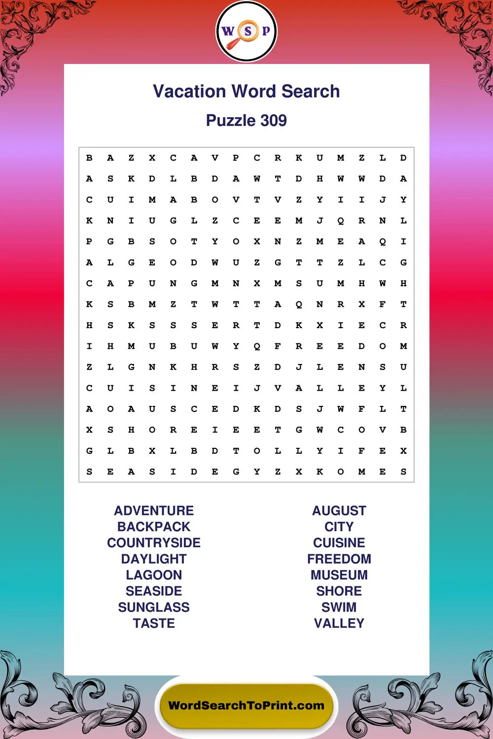 Vacation Word Search Puzzle 309