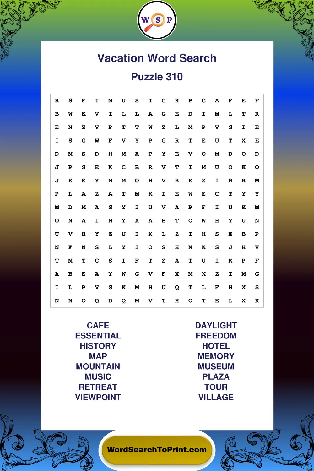 Vacation Word Search Puzzle 310