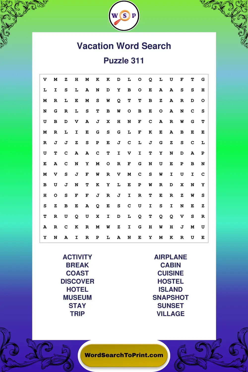 Vacation Word Search Puzzle 311