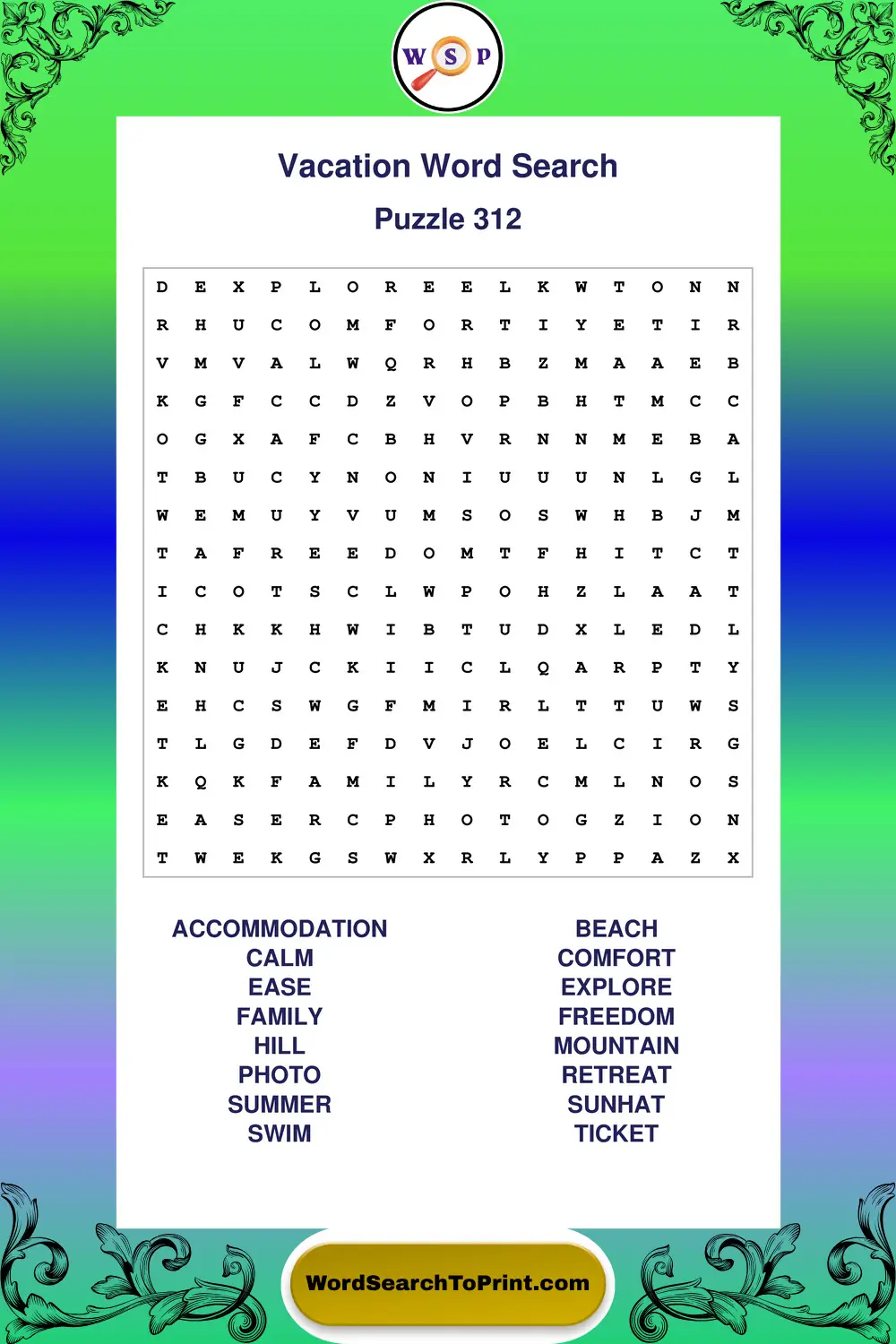 Vacation Word Search Puzzle 312